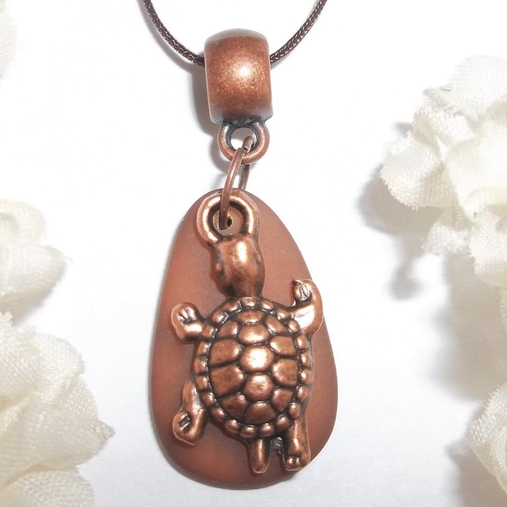 Copper and Brown Turtle Necklace Faux Beach Glass Vacation Wear Jewelry Set 7055 - Picture 1 of 12